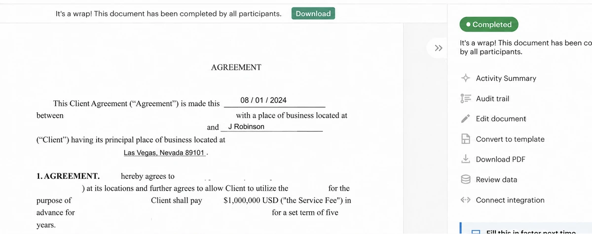 Completed agreement screenshot dated August 1, 2024, showing a $1,000,000 service fee