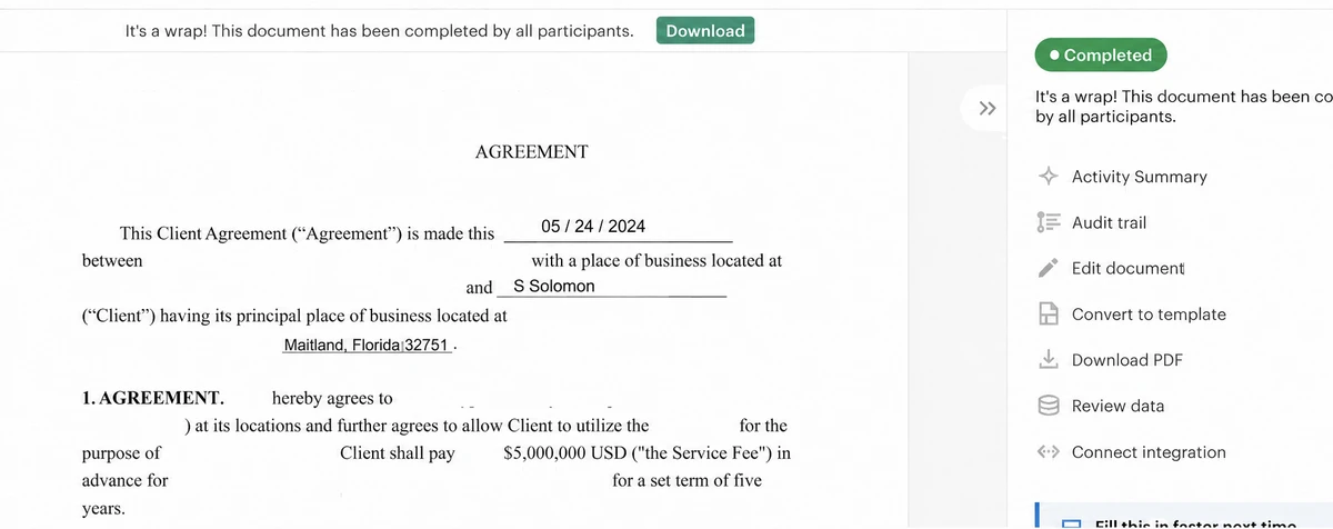 Completed agreement screenshot dated May 24, 2024, showing a $5,000,000 service fee